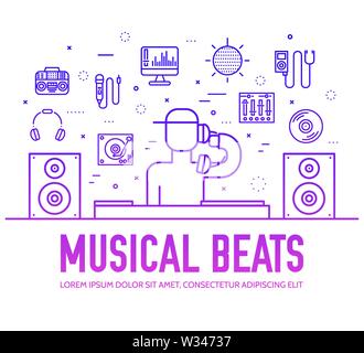 Set of DJ sound and lighting suppliers violet line icons on white background. Musical beat outline pictograms collection. Modern audio equipment, devi Stock Vector