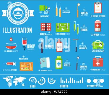 Medical equipment and pharmacy flat icons, pictograms isolated on blue background. Healthcare and treatment tools. First aid, emergency service vector Stock Vector