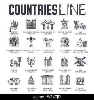 Set of famous architecture and places of countries all over the world thin line icons isolated on white. Attractions outline pictograms collection. La Stock Vector