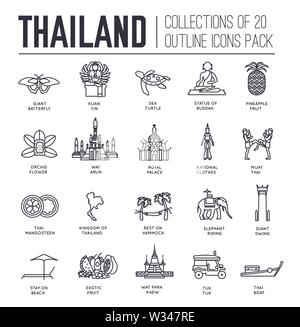 Set of cultural symbols and sightseeing attractions of Thailand thin line icons on white. Landmarks outline pictograms collection. Thai cuisine, tradi Stock Vector