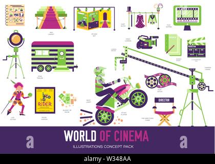 Set of cinema flat colorful icons isolated on white background. Film preparation, production and editing. Life of actors vector elements for infograph Stock Vector