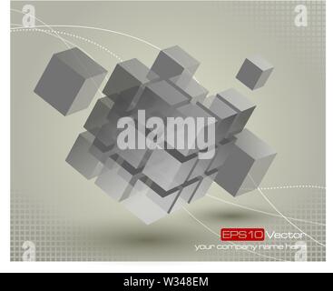 Floating 3d cube with moving segmented parts on light gray background and elegant curved lines. Vector illustration Stock Vector