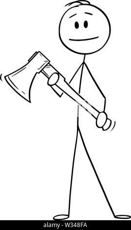Vector cartoon stick figure drawing conceptual illustration of man or lumberjack or forest worker holding ax or axe. Stock Vector