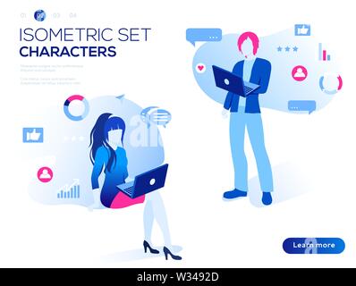 Mobile application and website header images on white background. 3D people work Isometric set. Interacting with graphs, icons and devices. Data analy Stock Vector