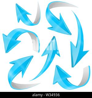 Blue arrows set. Curved icons collection. Vector 3d illustration Stock Vector