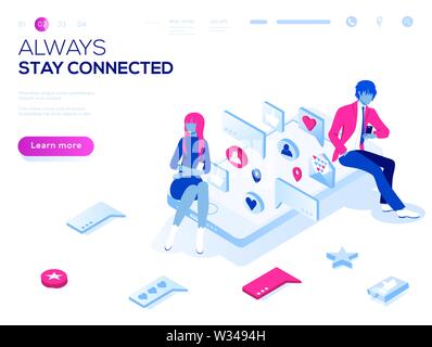 Vector 3d isometric landing page concept. Virtual relationships, online dating and social networking illustration concept. Teenagers chatting on the I Stock Vector