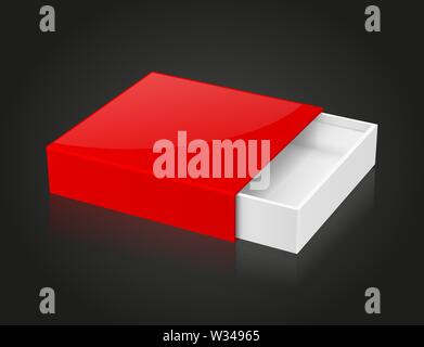 Slider box. Red blank open box mock up on black background Stock Vector