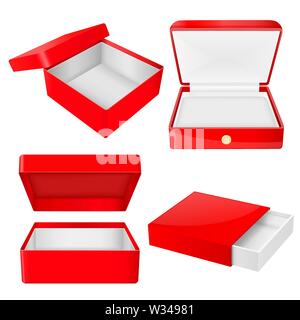 Red open gift box. Realistic carton mock up. Vector illustration Stock Vector