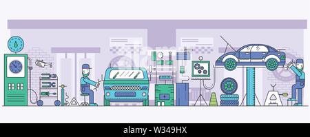 Auto service center interior with work tools and automobile parts. Mechanics in blue uniform test lifted vehicle and repair, maintenance cars in garag Stock Vector