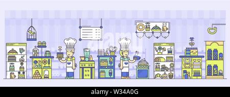 Confectionery with sweets, pastry, hot drinks, candies, menu, cooks. Outline vector bakery and cafe concept. Chefs cooking cakes in kitchen and carryi Stock Vector