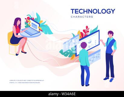 Landing page template. 3d vector isometric illustration. People work in a team and interact with graphs. Business, workflow management and office situ Stock Vector