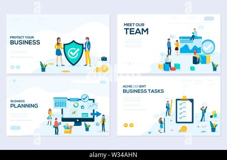 Business school website templates set. Business protection, insurance coaching vector landing page. Time management seminar web banner with copyspace. Teamwork. Cartoon characters with animals heads Stock Vector