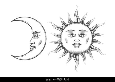 Hand Drawn Sun and Moon with human cartoon faces in engraving style. Medieval Esotric Astrology symbols. Vector Illustration. Stock Vector