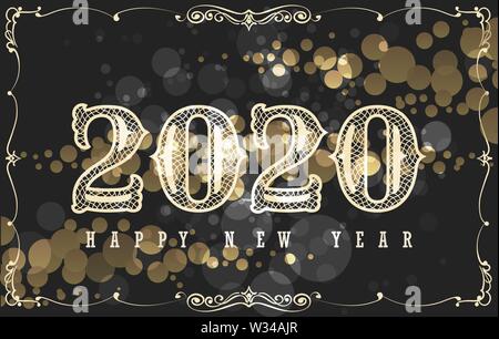 Happy New 2020 Year Card Design in Vintage Style. Hand lettering on black background with golden bubbles. Vector Illustration. Stock Vector