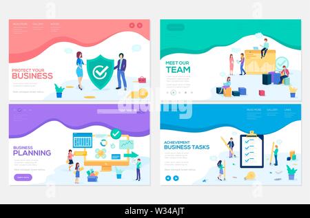 Business school website templates set. Business protection, insurance coaching vector landing page. Time management seminar web banner with copyspace. Teamwork. Cartoon characters with animals heads Stock Vector