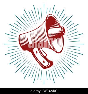 Hand Drawn Sketch of megaphone on retro vintage sun rays isolated on white. Vector Illustration Stock Vector