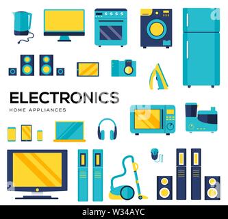 Set of electronics flat colorful icons isolated on white background. Devices using at home in everyday life. Modern technologies. Household appliances vector collection for web, infographic.. Stock Vector