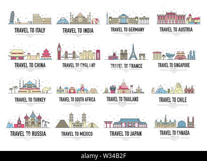 Big set of horizontal vector banners with landmarks of different countries all over the world. Sightseeing attractions of Asia, Europe, Africa, North America design for travel, tourist projects. Stock Vector