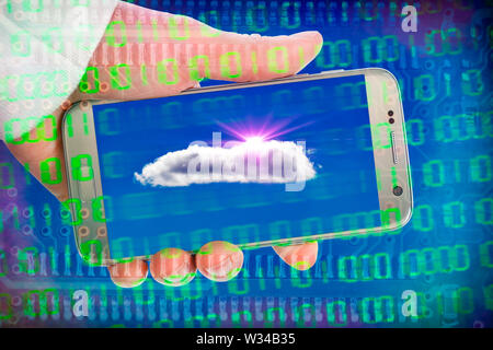 Cloud on a smartphone screen and binary code, cloud computing Stock Photo