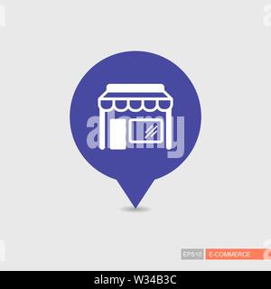 Store front isolated pin map icon. E-commerce sign. Map pointer. Map markers. Destination vector icon. Graph symbol for your web site design, logo, ap Stock Vector