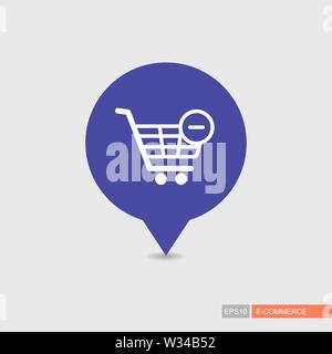 Shopping cart pin map icon with minus. Remove from cart. E-commerce sign. Map pointer. Map markers. Destination vector icon. Graph symbol for your web Stock Vector