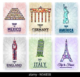 Silhouettes of sightseeing attractions of countries on ornamental background: Mexico, Germany, America, England, Italy, France. Vector set of landmarks banners, cards for tourist projects. Copy space. Stock Vector