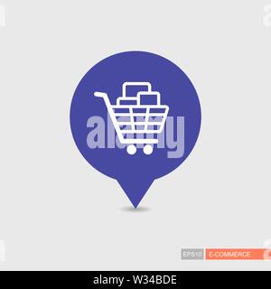 Shopping cart with boxes pin map icon. E-commerce sign. Map pointer. Map markers. Destination vector icon. Graph symbol for your web site design, logo Stock Vector
