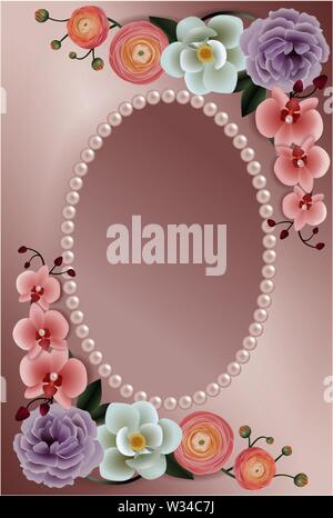 invitation card with flowers and decorative pink pearls frame Stock Vector