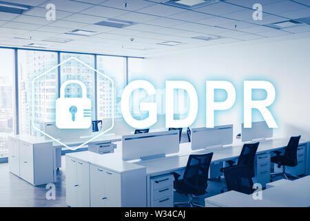 GDPR. Data Protection Regulation. Cyber security and privacy concept and Modern office with open space to work thought the window and background city. Stock Photo