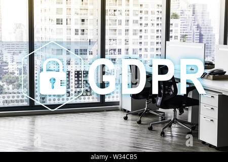 GDPR. Data Protection Regulation. Cyber security and privacy concept and Modern office with open space to work thought the window and background city. Stock Photo