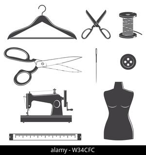 Set of sewing dressmaking and tailoring equipment silhouette icons. Vector illustration. Set include sewing needle, mannequin, button, hanger and scissors. Equipment icons for for sewing shop business Stock Vector
