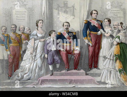 NAPOLEON III (1808-1873) with wife Eugenie, the Prince Imperial and Prince Napoleon at right Stock Photo