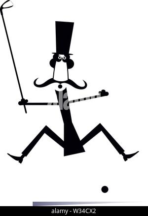 Gentleman a golfer on the golf course isolated. Cartoon jumping mustache man in the top hat holds a golf club black on white Stock Vector