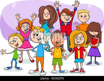 Cartoon Illustration of Teens or Elementary Age Children Characters Group Stock Vector