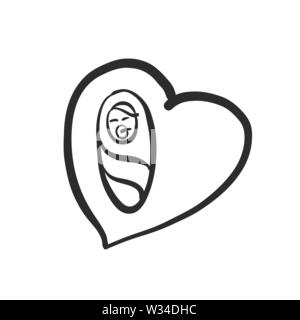 Newborn baby icon in heart. Hand-drawn logo symbol for t-shirt prints and online marketing. Stock Vector