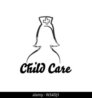 Child care icon with nurse. Hand-drawn logo symbol for t-shirt prints and online marketing. Stock Vector