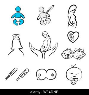 Set of pregnancy and midwife icons. Hand-drawn logo symbol for t-shirt prints and online marketing. Stock Vector