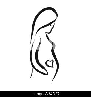 Pregnant woman with heart inside. Hand-drawn logo symbol for t-shirt prints and online marketing. Stock Vector