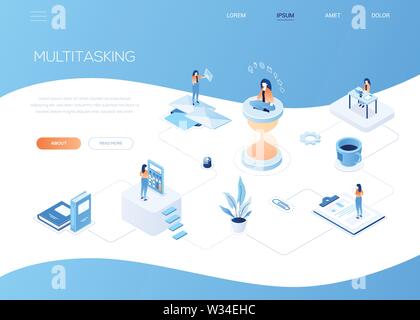 Multitasking concept - modern isometric vector web banner Stock Vector