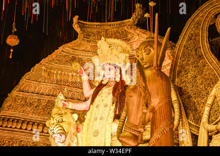 Kolkata West Bengal India October 2018 - Image of goddess devi Maa Durga or Parvati or Uma, wife of Lord Shiva in jewelery and Ceremonial make up duri Stock Photo