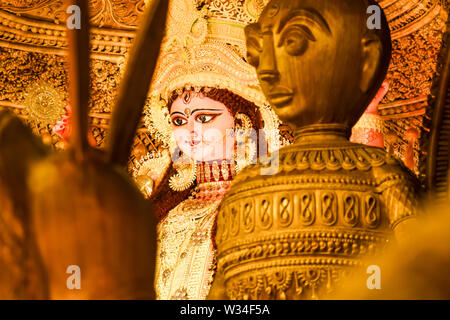 Kolkata West Bengal India October 2018 - Image of goddess devi Maa Durga or Parvati or Uma, wife of Lord Shiva in jewelery and Ceremonial make up duri Stock Photo