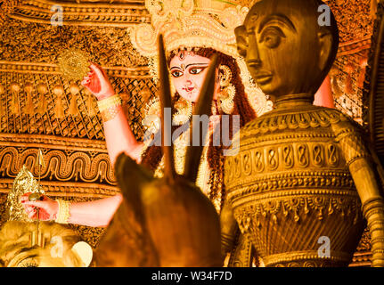 Kolkata West Bengal India October 2018 - Image of goddess devi Maa Durga or Parvati or Uma, wife of Lord Shiva in jewelery and Ceremonial make up duri Stock Photo