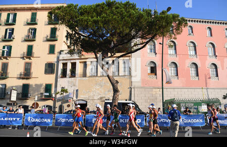Naples, Italy. 12th July, 2019. Athletes compete during the final match of Men's 20km Walk at the 30th Summer Universiade in Naples, Italy, July 12, 2019. Credit: Kong Hui/Xinhua/Alamy Live News Stock Photo