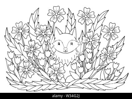 Abstract coloring page with summer flowers and cute little fox, for kids and adults Stock Vector