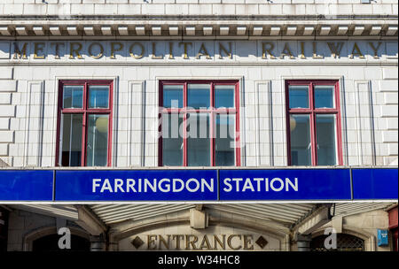 Signage of the front entrance to Farringdon Underground Station, Central London Stock Photo