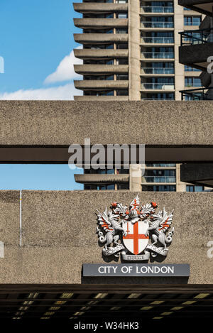 Coat of arms of the City of London upon The Barbican Estate, London Stock Photo