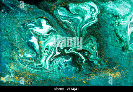 Liquid uneven green marbling pattern with glare of light Stock Photo