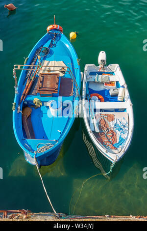 Two moored fishing boats fron above close-up Stock Photo