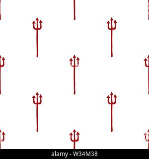 Seamless pattern with red devil tridents. Hell concept. Vector illustration for design, web, wrapping paper, fabric, wallpaper. Stock Vector