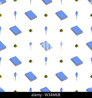 Seamless pattern with books, feathers and ink pots on white background. Vector illustration for design, web, wrapping paper, fabric, wallpaper. Stock Vector